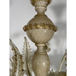 LAMPADARIO VETRO MURANO VENEZIANO BEIGE ORO FOGLIE FIORI 6 BRACCI ANNI 60 ø 74CM