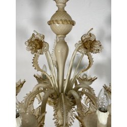 LAMPADARIO VETRO MURANO VENEZIANO BEIGE ORO FOGLIE FIORI 6 BRACCI ANNI 60 ø 74CM
