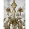 LAMPADARIO VETRO MURANO VENEZIANO BEIGE ORO FOGLIE FIORI 6 BRACCI ANNI 60 ø 74CM