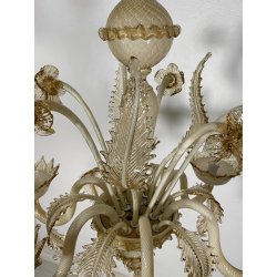 LAMPADARIO VETRO MURANO VENEZIANO BEIGE ORO FOGLIE FIORI 6 BRACCI ANNI 60 ø 74CM