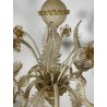 LAMPADARIO VETRO MURANO VENEZIANO BEIGE ORO FOGLIE FIORI 6 BRACCI ANNI 60 ø 74CM