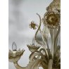 LAMPADARIO VETRO MURANO VENEZIANO BEIGE ORO FOGLIE FIORI 6 BRACCI ANNI 60 ø 74CM