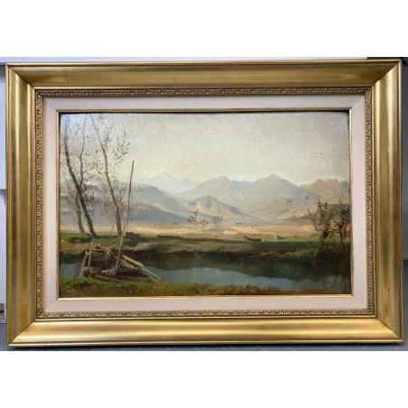 ANTICO DIPINTO OLIO PAESAGGIO FLUVIALE  LAGO FIUME MONTAGNE PESCATORE PESCA '900