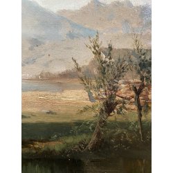 ANTICO DIPINTO OLIO PAESAGGIO FLUVIALE  LAGO FIUME MONTAGNE PESCATORE PESCA '900