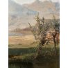 ANTICO DIPINTO OLIO PAESAGGIO FLUVIALE  LAGO FIUME MONTAGNE PESCATORE PESCA '900