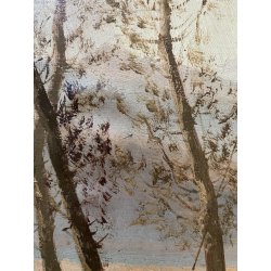 ANTICO DIPINTO OLIO PAESAGGIO FLUVIALE  LAGO FIUME MONTAGNE PESCATORE PESCA '900