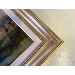 ANTICO DIPINTO OLIO PAESAGGIO FLUVIALE  LAGO FIUME MONTAGNE PESCATORE PESCA '900