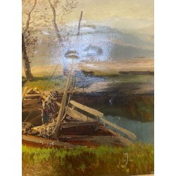 ANTICO DIPINTO OLIO PAESAGGIO FLUVIALE  LAGO FIUME MONTAGNE PESCATORE PESCA '900