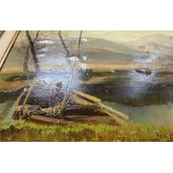 ANTICO DIPINTO OLIO PAESAGGIO FLUVIALE  LAGO FIUME MONTAGNE PESCATORE PESCA '900