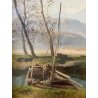 ANTICO DIPINTO OLIO PAESAGGIO FLUVIALE  LAGO FIUME MONTAGNE PESCATORE PESCA '900