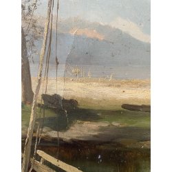 ANTICO DIPINTO OLIO PAESAGGIO FLUVIALE  LAGO FIUME MONTAGNE PESCATORE PESCA '900