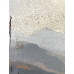 ANTICO DIPINTO OLIO PAESAGGIO FLUVIALE  LAGO FIUME MONTAGNE PESCATORE PESCA '900