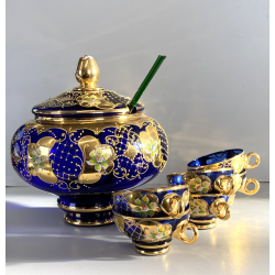 VINTAGE SET LIQUORE PUNCH VETRO Murano 6 Pers. BLU COBALTO FIORI ORO TREFUOCHI