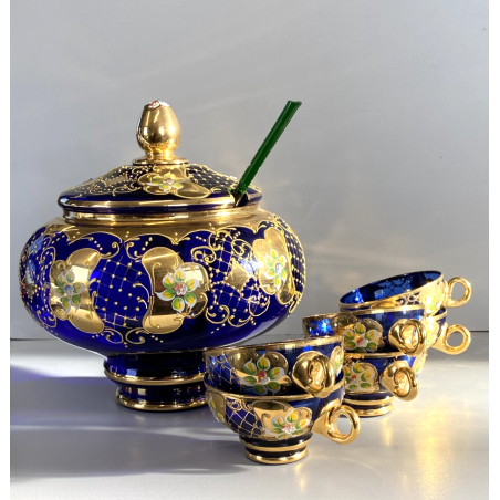 VINTAGE SET LIQUORE PUNCH VETRO Murano 6 Pers. BLU COBALTO FIORI ORO TREFUOCHI