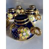 VINTAGE SET LIQUORE PUNCH VETRO Murano 6 Pers. BLU COBALTO FIORI ORO TREFUOCHI