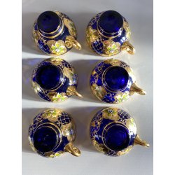 VINTAGE SET LIQUORE PUNCH VETRO Murano 6 Pers. BLU COBALTO FIORI ORO TREFUOCHI