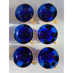 VINTAGE SET LIQUORE PUNCH VETRO Murano 6 Pers. BLU COBALTO FIORI ORO TREFUOCHI