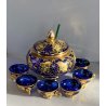 VINTAGE SET LIQUORE PUNCH VETRO Murano 6 Pers. BLU COBALTO FIORI ORO TREFUOCHI