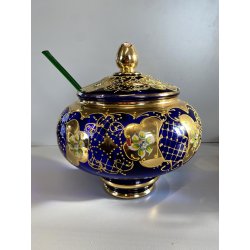 VINTAGE SET LIQUORE PUNCH VETRO Murano 6 Pers. BLU COBALTO FIORI ORO TREFUOCHI