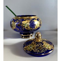 VINTAGE SET LIQUORE PUNCH VETRO Murano 6 Pers. BLU COBALTO FIORI ORO TREFUOCHI
