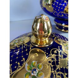 VINTAGE SET LIQUORE PUNCH VETRO Murano 6 Pers. BLU COBALTO FIORI ORO TREFUOCHI