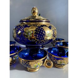 VINTAGE SET LIQUORE PUNCH VETRO Murano 6 Pers. BLU COBALTO FIORI ORO TREFUOCHI