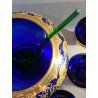VINTAGE SET LIQUORE PUNCH VETRO Murano 6 Pers. BLU COBALTO FIORI ORO TREFUOCHI
