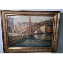ANTICO QUADRO DIPINTO olio tela VENEZIA 1800 CHIOGGIA PONTE BARCA CORNICE OLD