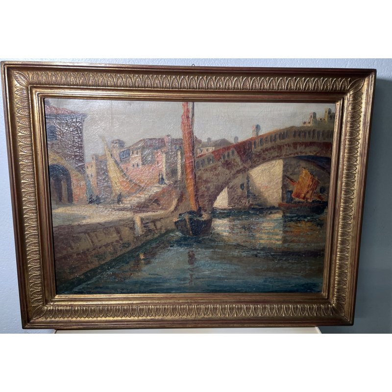 ANTICO QUADRO DIPINTO olio tela VENEZIA 1800 CHIOGGIA PONTE BARCA CORNICE OLD