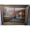 ANTICO QUADRO DIPINTO olio tela VENEZIA 1800 CHIOGGIA PONTE BARCA CORNICE OLD