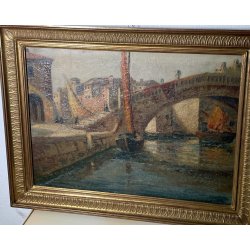 ANTICO QUADRO DIPINTO olio tela VENEZIA 1800 CHIOGGIA PONTE BARCA CORNICE OLD