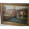 ANTICO QUADRO DIPINTO olio tela VENEZIA 1800 CHIOGGIA PONTE BARCA CORNICE OLD