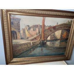 ANTICO QUADRO DIPINTO olio tela VENEZIA 1800 CHIOGGIA PONTE BARCA CORNICE OLD
