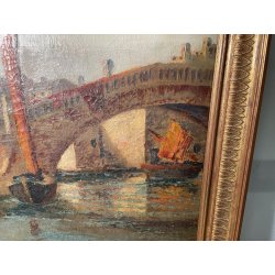 ANTICO QUADRO DIPINTO olio tela VENEZIA 1800 CHIOGGIA PONTE BARCA CORNICE OLD