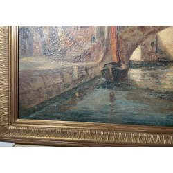 ANTICO QUADRO DIPINTO olio tela VENEZIA 1800 CHIOGGIA PONTE BARCA CORNICE OLD