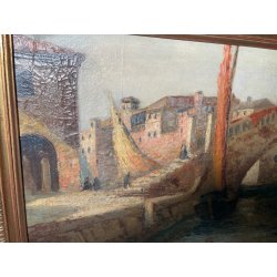 ANTICO QUADRO DIPINTO olio tela VENEZIA 1800 CHIOGGIA PONTE BARCA CORNICE OLD