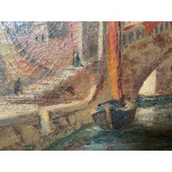 ANTICO QUADRO DIPINTO olio tela VENEZIA 1800 CHIOGGIA PONTE BARCA CORNICE OLD