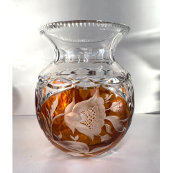 VASO CRISTALLO BOEMIA DECORO FLOREALE MOLATO CUT TO CLEAR AMBRA TRASPARENTE '900