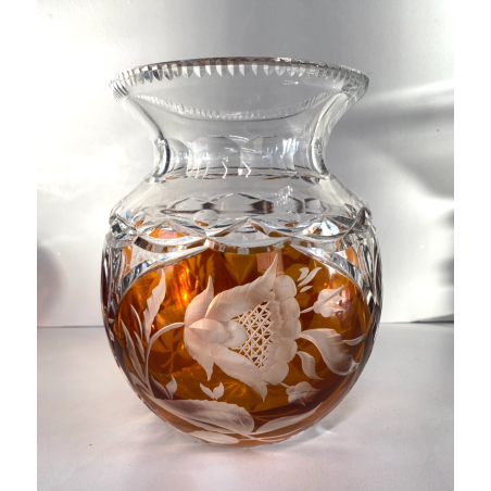 VASO CRISTALLO BOEMIA DECORO FLOREALE MOLATO CUT TO CLEAR AMBRA TRASPARENTE '900