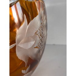 VASO CRISTALLO BOEMIA DECORO FLOREALE MOLATO CUT TO CLEAR AMBRA TRASPARENTE '900