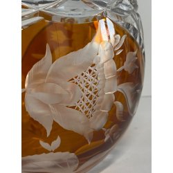 VASO CRISTALLO BOEMIA DECORO FLOREALE MOLATO CUT TO CLEAR AMBRA TRASPARENTE '900