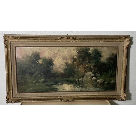 ANTICO QUADRO DIPINTO OLIO I. Karpoff CORNICE PAESAGGIO LACUSTRE FIUME BOSCO OLD