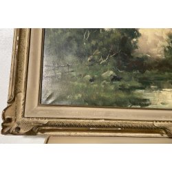 ANTICO QUADRO DIPINTO OLIO I. Karpoff CORNICE PAESAGGIO LACUSTRE FIUME BOSCO OLD