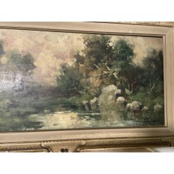 ANTICO QUADRO DIPINTO OLIO I. Karpoff CORNICE PAESAGGIO LACUSTRE FIUME BOSCO OLD