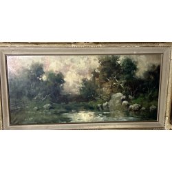 ANTICO QUADRO DIPINTO OLIO I. Karpoff CORNICE PAESAGGIO LACUSTRE FIUME BOSCO OLD