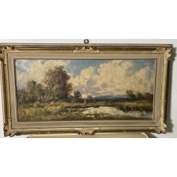 ANTICO QUADRO DIPINTO OLIO I. Karpoff CORNICE PAESAGGIO LACUSTRE FIUME BOSCO OLD