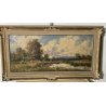 ANTICO QUADRO DIPINTO OLIO I. Karpoff CORNICE PAESAGGIO LACUSTRE FIUME BOSCO OLD