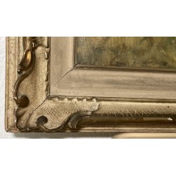 ANTICO QUADRO DIPINTO OLIO I. Karpoff CORNICE PAESAGGIO LACUSTRE FIUME BOSCO OLD