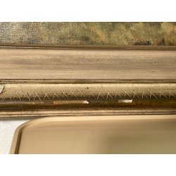 ANTICO QUADRO DIPINTO OLIO I. Karpoff CORNICE PAESAGGIO LACUSTRE FIUME BOSCO OLD