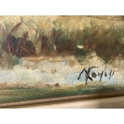 ANTICO QUADRO DIPINTO OLIO I. Karpoff CORNICE PAESAGGIO LACUSTRE FIUME BOSCO OLD